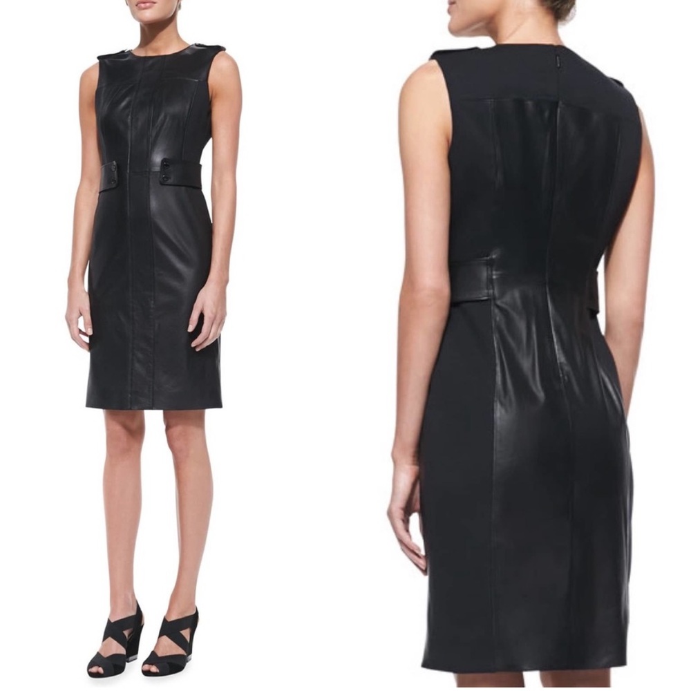 Tory Burch‎ Women's Black Elegant Fitted Leather Sleeveless Midi Dress Size 6